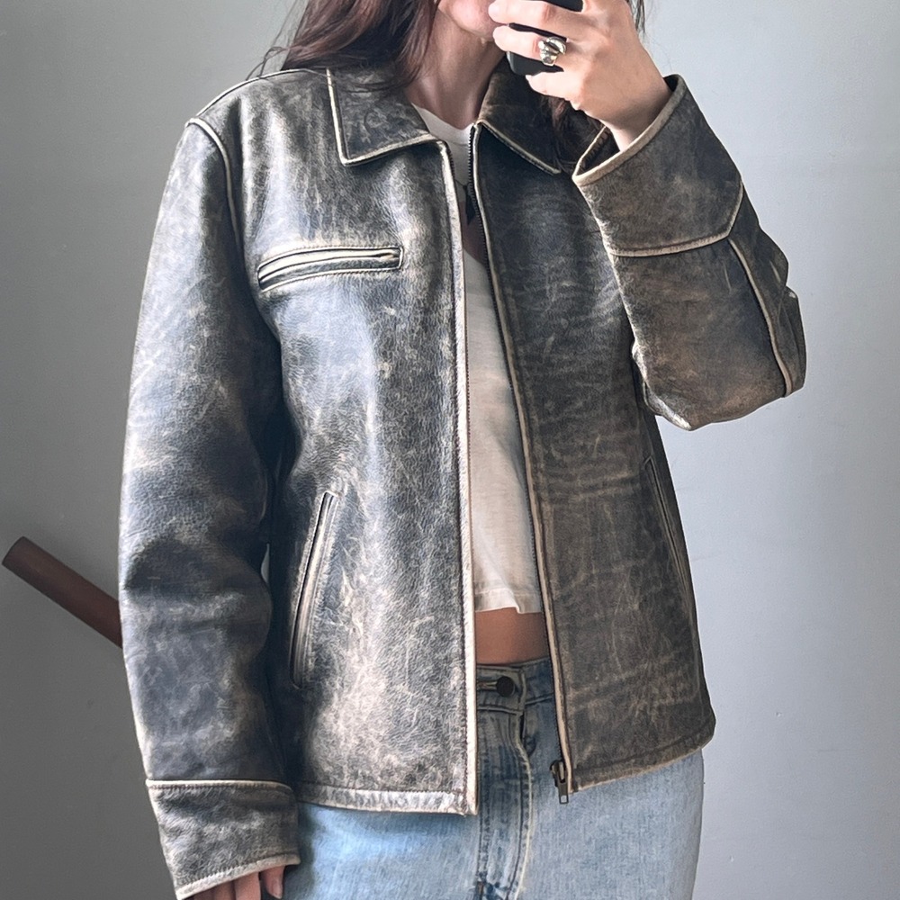 Vintage Leather Jacket Brown Distressed Moto Biker Zip Up Coat Worn Faded Patina